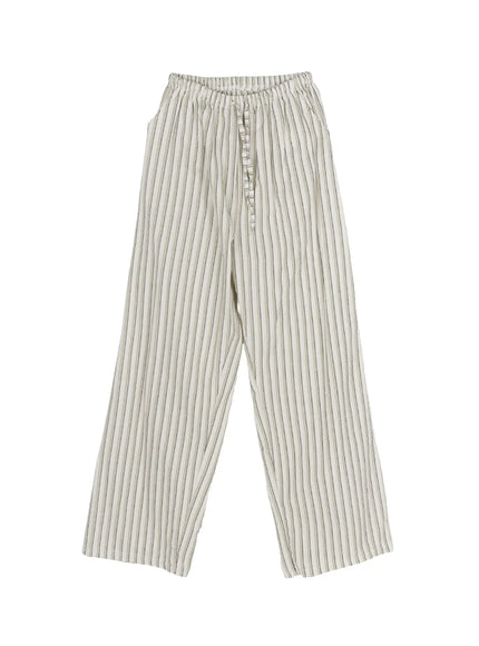 Men's Striped Wide-Leg Pants IL515 Light beige flat-lay front view showing elasticated waistband, button fly placket, wide-leg seersucker stripe fabric on white background