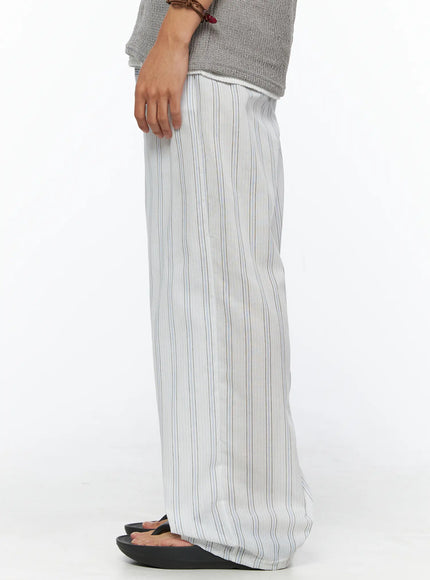 Men's Striped Wide-Leg Pants IL520 Light blue back view on model wearing gray knit top, showing rear elastic waistband and wide-leg drape