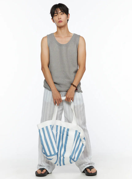 Men's Striped Wide-Leg Pants IL520 Light blue flat-lay front view showing elastic drawstring waistband, wide-leg silhouette and multicolor vertical stripe pattern