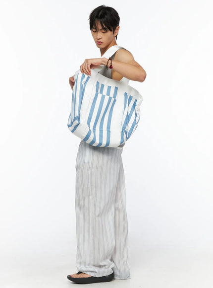 Men's Striped Wide-Leg Pants IL520 Light blue side view on model styled with gray knit top, revealing slim side profile and straight wide-leg cut