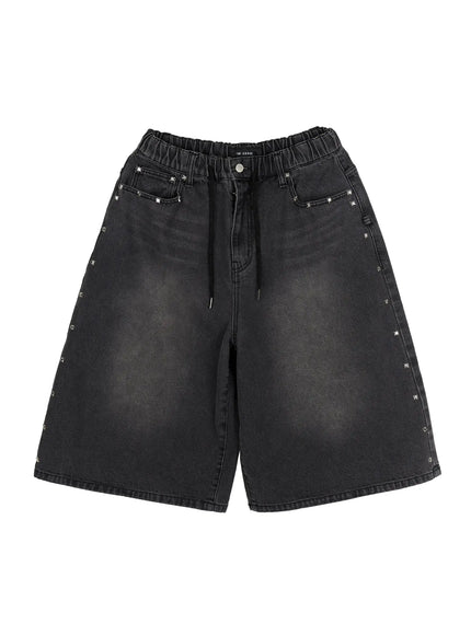 Men's Studded Jorts IL520 Black flat-lay front view showing elastic waistband, drawstring, silver star studs on pockets and side seams