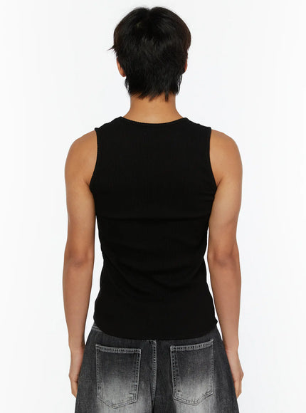 Men's Studded Ribbed Tank IL515 Black back shot on model revealing clean ribbed knit back panel and round neckline with grey denim