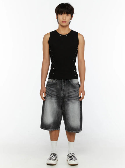 Men's Studded Ribbed Tank IL515 Black front shot on model standing upright styled with grey denim shorts and checkered slip-on sneakers