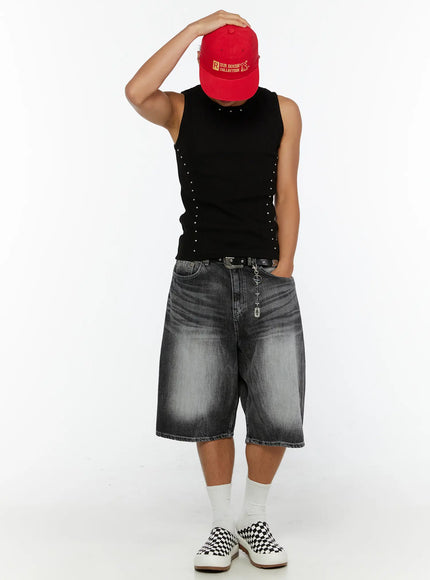 Men's Studded Ribbed Tank IL515 Black full-body front shot on model with head tilted down wearing red cap grey shorts and checkered sneakers