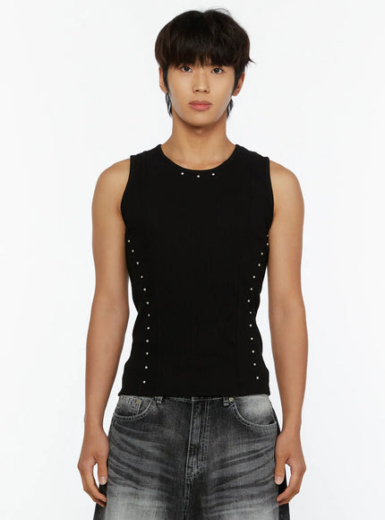 Men's Studded Ribbed Tank IL515 Black close-up front shot on model showing silver stud detailing along neckline and side seams ribbed texture