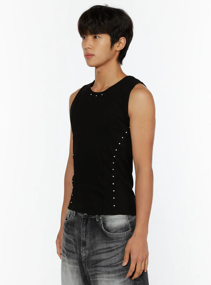 Men's Studded Ribbed Tank IL515 Black side shot on model looking forward showing silver stud trim along side seam over grey jeans