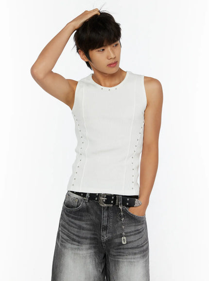 Men's Studded Ribbed Tank IL515 in White, size S/M