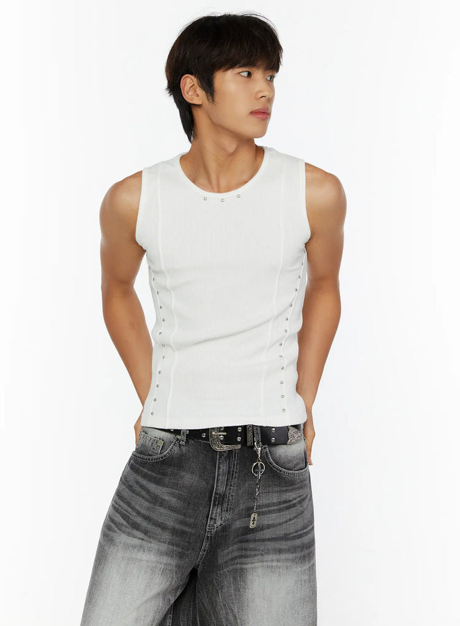 LEWKIN Men's Studded Ribbed Tank IL515 White front shot on model wearing hands behind back paired with grey washed jeans and studded belt