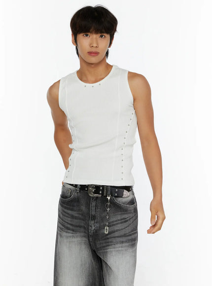 Men's Studded Ribbed Tank IL515 White front shot on model looking directly ahead one hand on hip styled with grey jeans and chain belt
