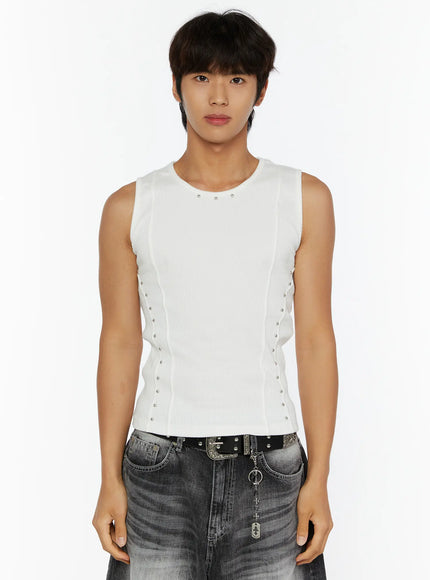 Men's Studded Ribbed Tank IL515 White front shot on model standing straight showing silver stud trim and ribbed knit panel with grey jeans