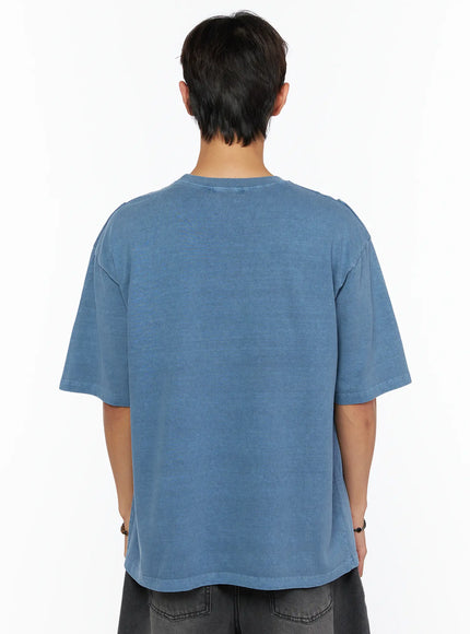 Men's Sun Embroidery T-Shirt IL520 Light blue back shot on male model showing acid-washed cotton texture and ribbed crew neckline