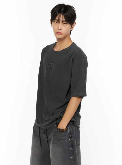 Men's Sun Embroidery T-Shirt IL520 in Dark gray, size M/L
