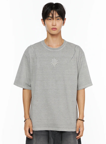 Men's Sun Embroidery T-Shirt IL520 in Light gray, size M/L