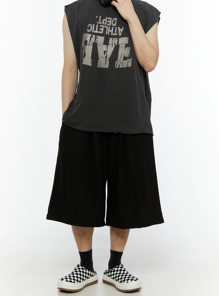 Men's Swirl Print Back Pocket Shorts (Black) IL509 Black flat-lay front view showing elastic drawstring waistband wide-leg silhouette and smooth black cotton fabric