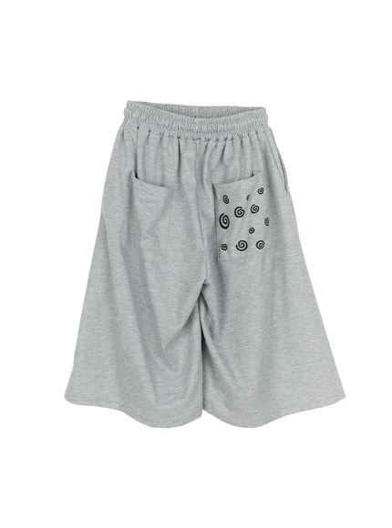 Men's Swirl Print Back Pocket Shorts (Gray) IL509 Gray flat-lay back view showing black swirl graphic print on right patch pocket and elastic waistband