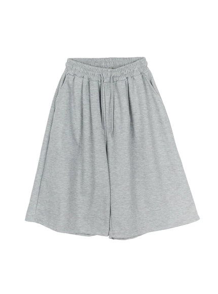 Men's Swirl Print Back Pocket Shorts (Gray) IL509 Gray flat-lay front view showing elastic drawstring waistband wide-leg silhouette and heathered gray cotton-blend fabric