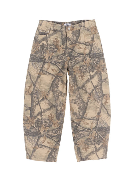 Men's Tree Graphic Wide Leg Pants IL502 Beige flat-lay front view showing full barrel wide leg cut, five-pocket construction and allover tree branch leaf graphic print