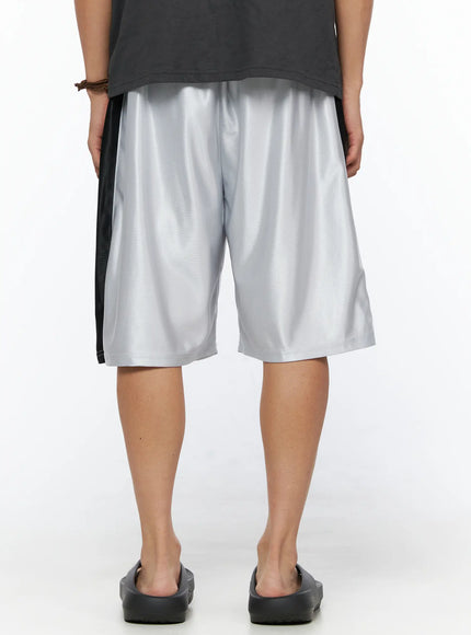 Men's Two-Tone Graphic Basketball Shorts IL520 Silver back view on male model showing clean silver mesh rear panel with black side stripe and elastic waistband