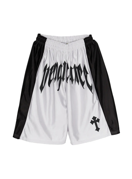 Men's Two-Tone Graphic Basketball Shorts IL520 Silver flat-lay front showing vengeance gothic text cross graphic elastic waistband and black side panel contrast on silver mesh