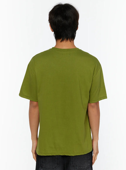 Men's Typography Graphic T-Shirt IL513 Green back shot on male model showing plain olive green cotton back panel crew neck and short sleeves