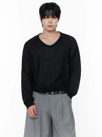 Men's V-Neck Knit Sweater IL502 in Black, size M/L