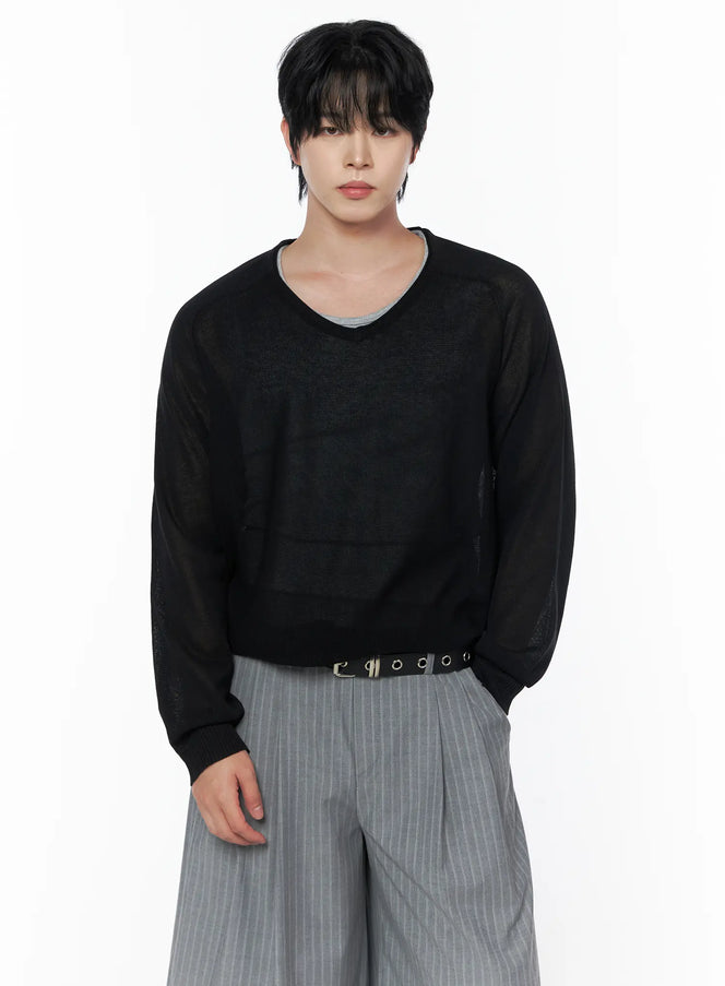 Men's V-Neck Knit Sweater IL502 in Black, size M/L
