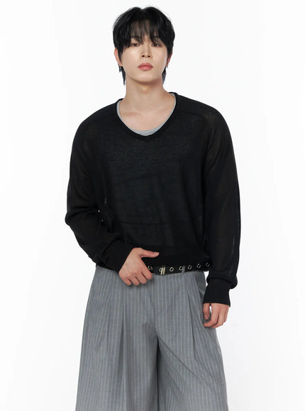 Men's V-Neck Knit Sweater IL502 Black cropped front shot on model showing semi-sheer lightweight knit V-neck with grey inner tee layering