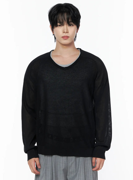 Men's V-Neck Knit Sweater IL502 Black front shot on model showing semi-sheer fine knit fabric V-neck silhouette ribbed hem and cuffs grey inner tee visible