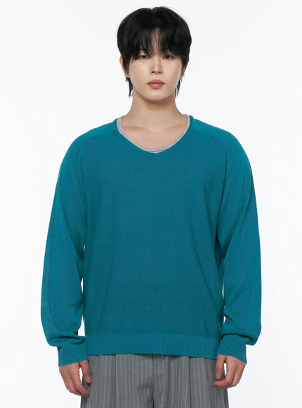 Men's V-Neck Knit Sweater IL502 Mint close-up front shot on model upper body showing V-neck neckline grey inner collar ribbed cuffs fine knit