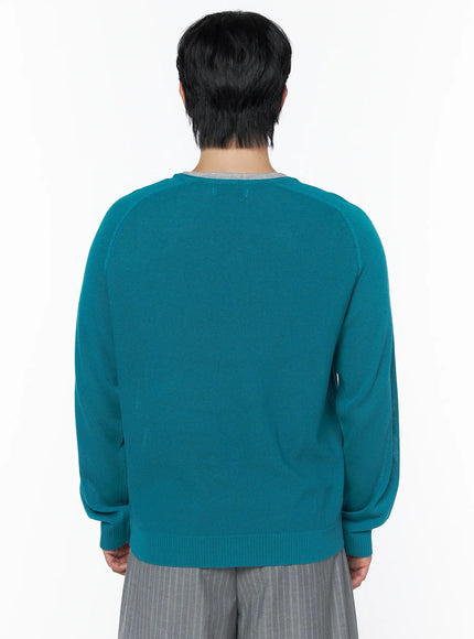 Men's V-Neck Knit Sweater IL502 Mint back shot on model showing raglan seam construction ribbed hem and cuffs fine knit fabric texture