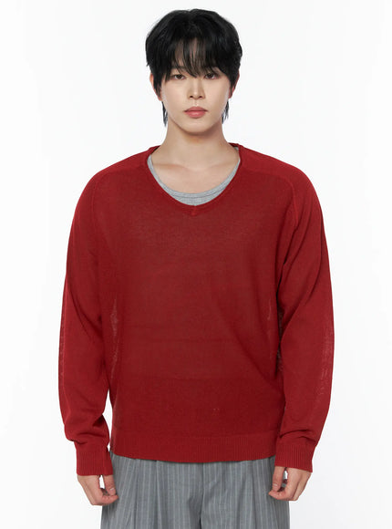 Men's V-Neck Knit Sweater IL502 in Red, size M/L