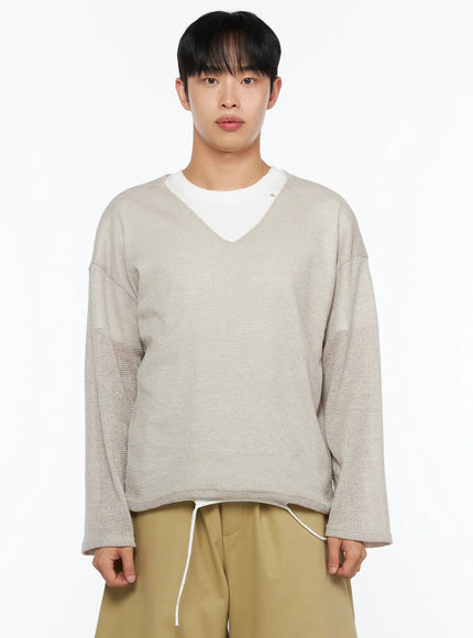 Men's V-Neck Summer Knit Top IL514 Beige close-up front shot on model highlighting V-neckline, waffle open-knit texture, and oversized wide sleeves