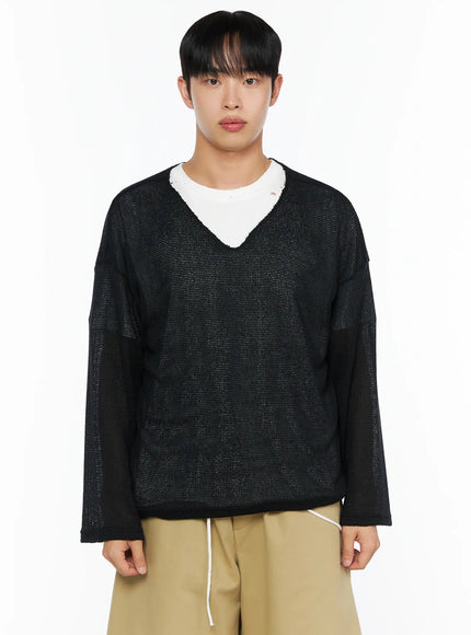 Men's V-Neck Summer Knit Top IL514 in Black, size S/M