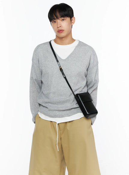 Men's V-Neck Summer Knit Top IL514 in Gray, size S/M