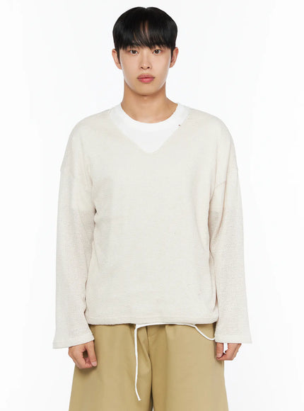 Men's V-Neck Summer Knit Top IL514 in Light beige, size S/M
