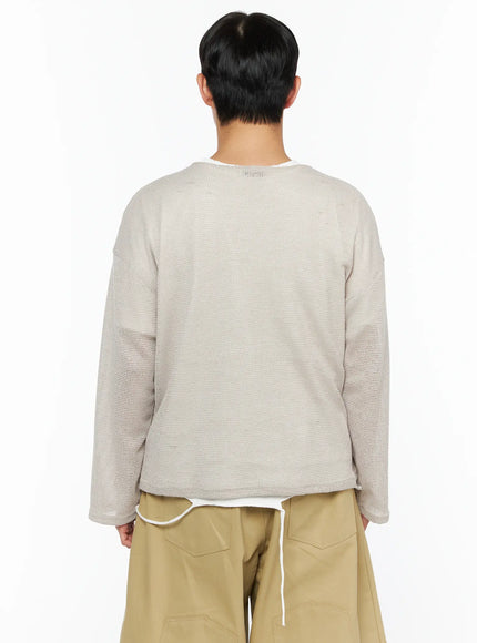 Men's V-Neck Summer Knit Top IL514 Beige back shot on model showing open-knit mesh texture, dropped shoulders, and relaxed boxy fit layered over white tee