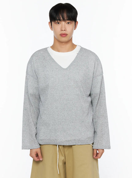 Men's V-Neck Summer Knit Top IL514 Gray front shot on model showing heathered knit texture, V-neckline with white tee layer, and wide dropped sleeves