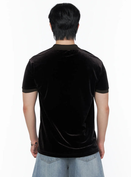 Men's Velvet Polo Shirt IL502 Black back shot on model showing contrast olive collar band short sleeves with contrast cuffs and velvet fabric