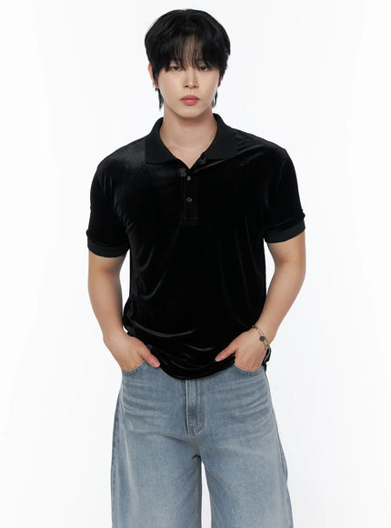 LEWKIN Men's Velvet Polo Shirt IL502 Black front shot on model hands in pockets wearing light blue wide-leg jeans velvet texture visible