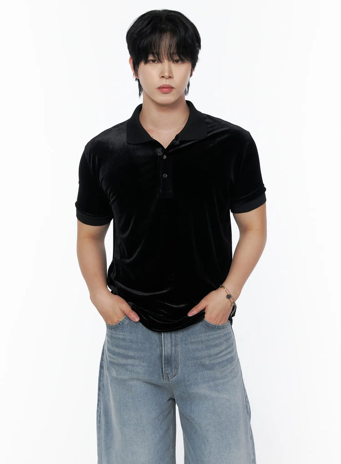 LEWKIN Men's Velvet Polo Shirt IL502 Black front shot on model hands in pockets wearing light blue wide-leg jeans velvet texture visible