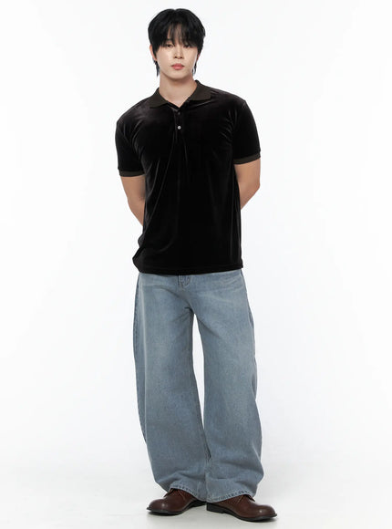 Men's Velvet Polo Shirt IL502 Black full-body front shot on model standing hands behind back styled with wide-leg jeans and brown loafers