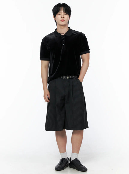 Men's Velvet Polo Shirt IL502 Black full-body front shot on model styled with pinstripe bermuda shorts grommet belt white socks and black sneakers