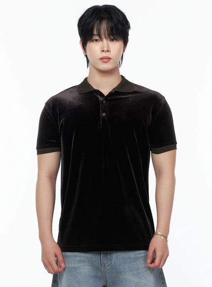 Men's Velvet Polo Shirt IL502 in Dark brown, size S/M