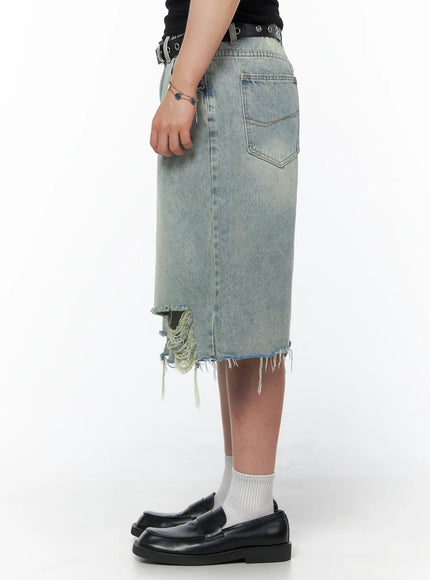 Men's Vintage Distressed Jorts IL502 Light blue side view on model showing back pocket stitching frayed raw hem and large distressed tear at leg opening