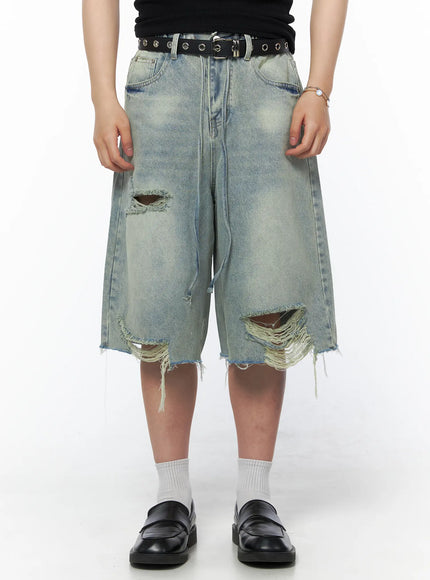 LEWKIN Men's Vintage Distressed Jorts IL502 Light blue front view on model wearing black belt and loafers showing ripped holes and frayed hem M/L