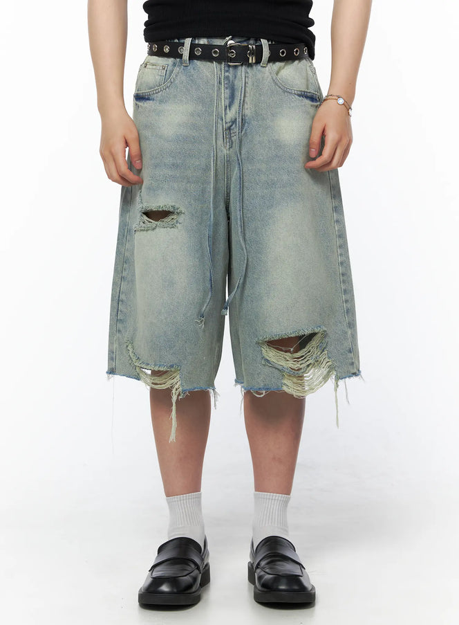 LEWKIN Men's Vintage Distressed Jorts IL502 Light blue front view on model wearing black belt and loafers showing ripped holes and frayed hem M/L