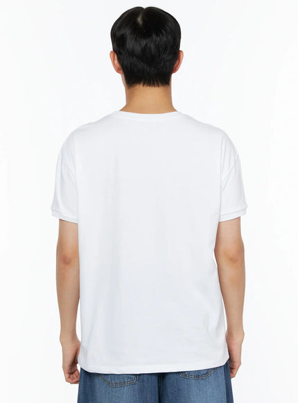 Men's Vintage Graphic Tee IL514 White back view on male model showing plain clean cotton back and crew neck construction with jeans