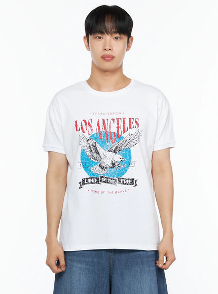 Men's Vintage Graphic Tee IL514 White cropped front view on male model showing Thunderfox Los Angeles distressed eagle graphic in detail