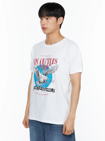 Men's Vintage Graphic Tee IL514 White side view on male model showing Los Angeles eagle graphic print detail and rolled short sleeves