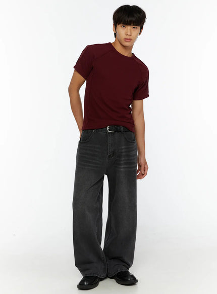 LEWKIN Men's Vintage Relaxed Fit Jeans IL510 Dark gray full-length front view on model standing straight styled with burgundy tee and black belt